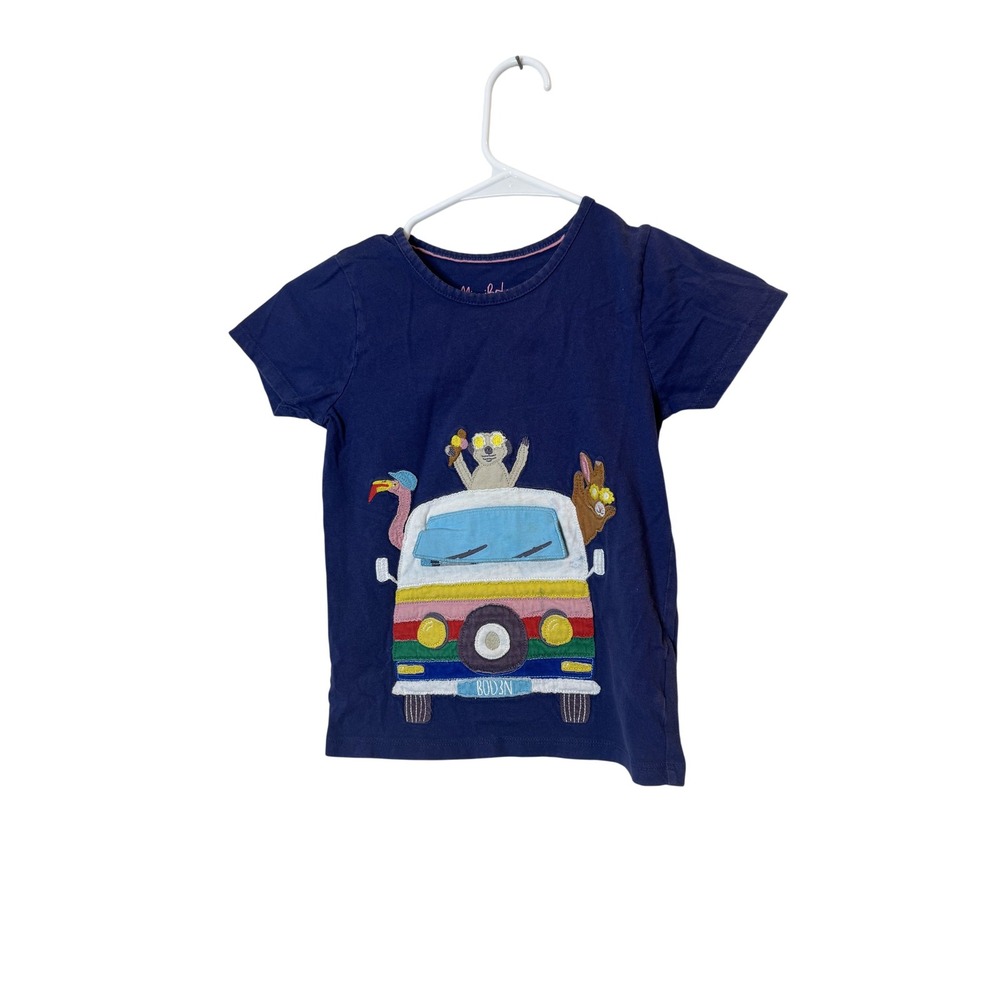 Mini Boden Shirt Kids 6-7Y Blue Short Sleeve Van Animals Applique Graphic Tee